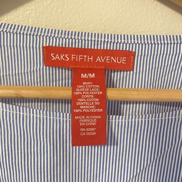 Saks Fifth Avenue Cotton Nautical Striped Lace Blouse Sz M - Picture 2 of 4